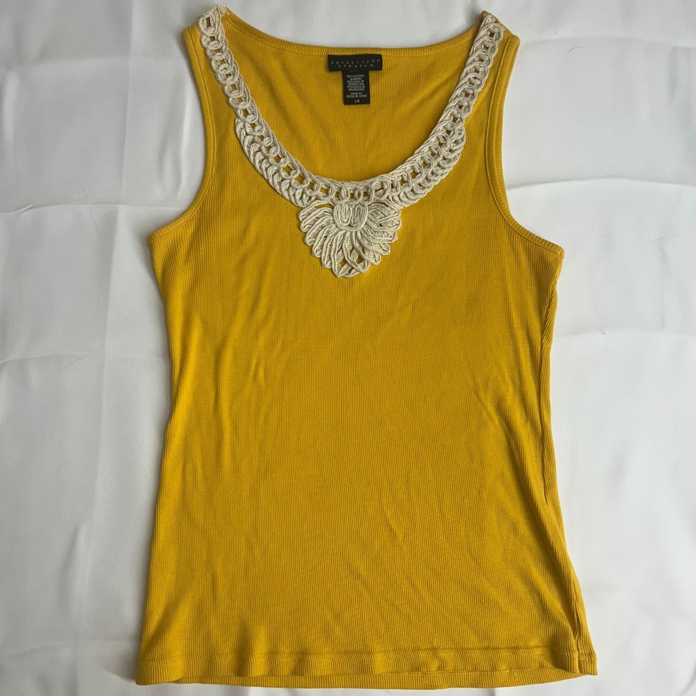 Apostrophe Tank Top Womens Large Yellow Ribbed Crochet Neck Metallic Boho Top